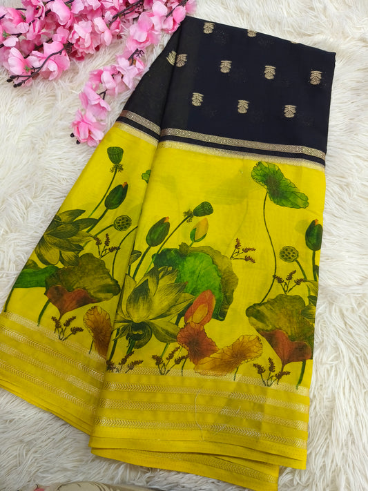 Black With Green semi silk saree