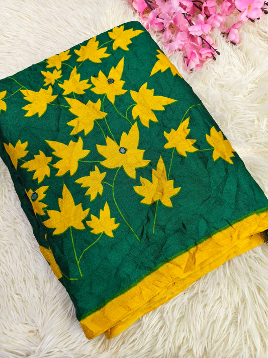 Green with Yellow Crushed Georgette saree