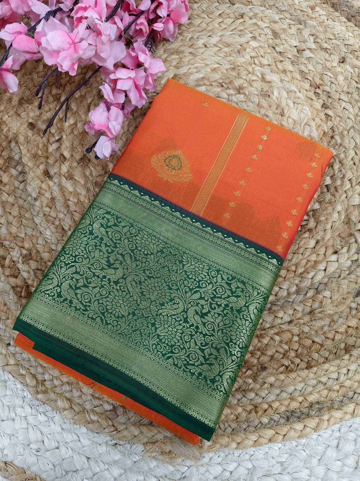 Orange with bottle green Elegant semi kanjivaram silk saree