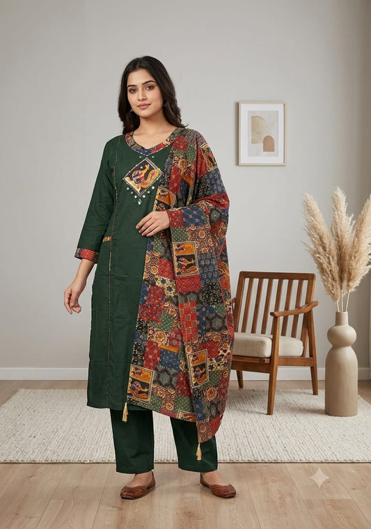 Bottle green cotton salwar suits