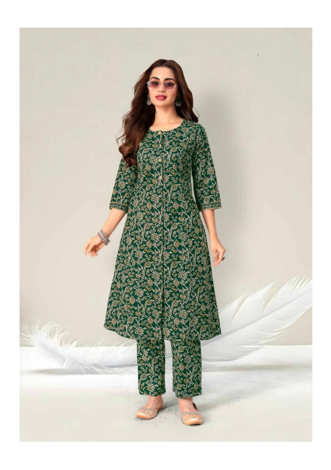 Deep Forest Green Elegant Printed Cotton Kurta Set