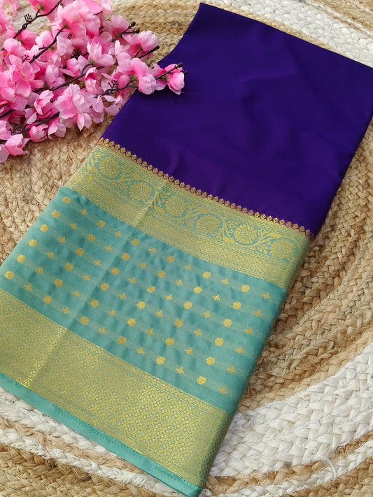 purple with sea green semi Mysore crepe silk saree