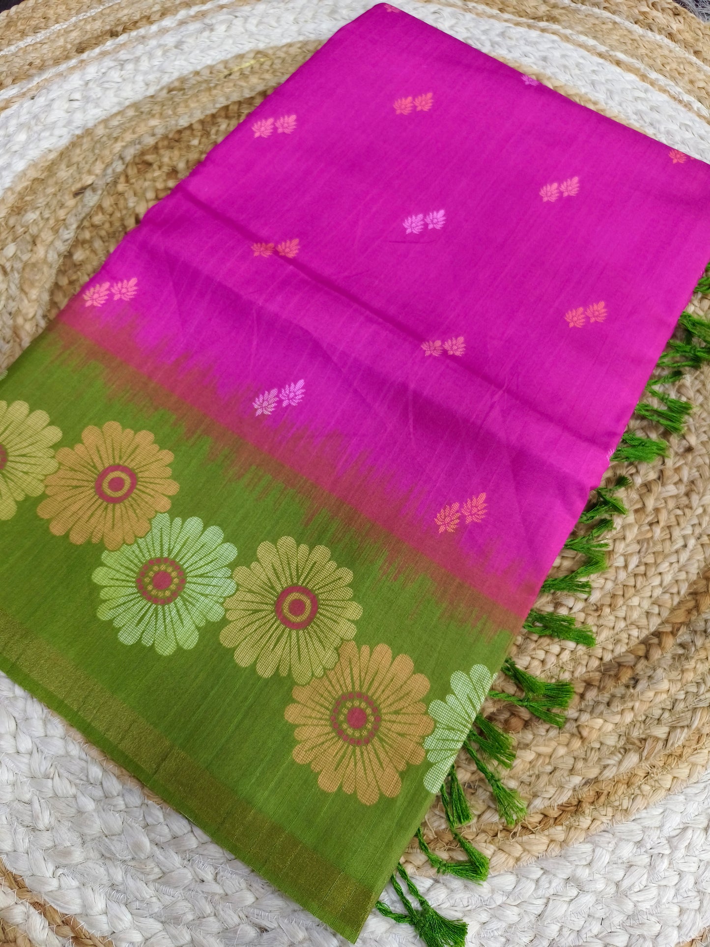 Pink with Green Tussar silk saree