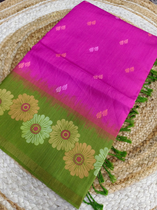 Pink with Green Tussar silk saree