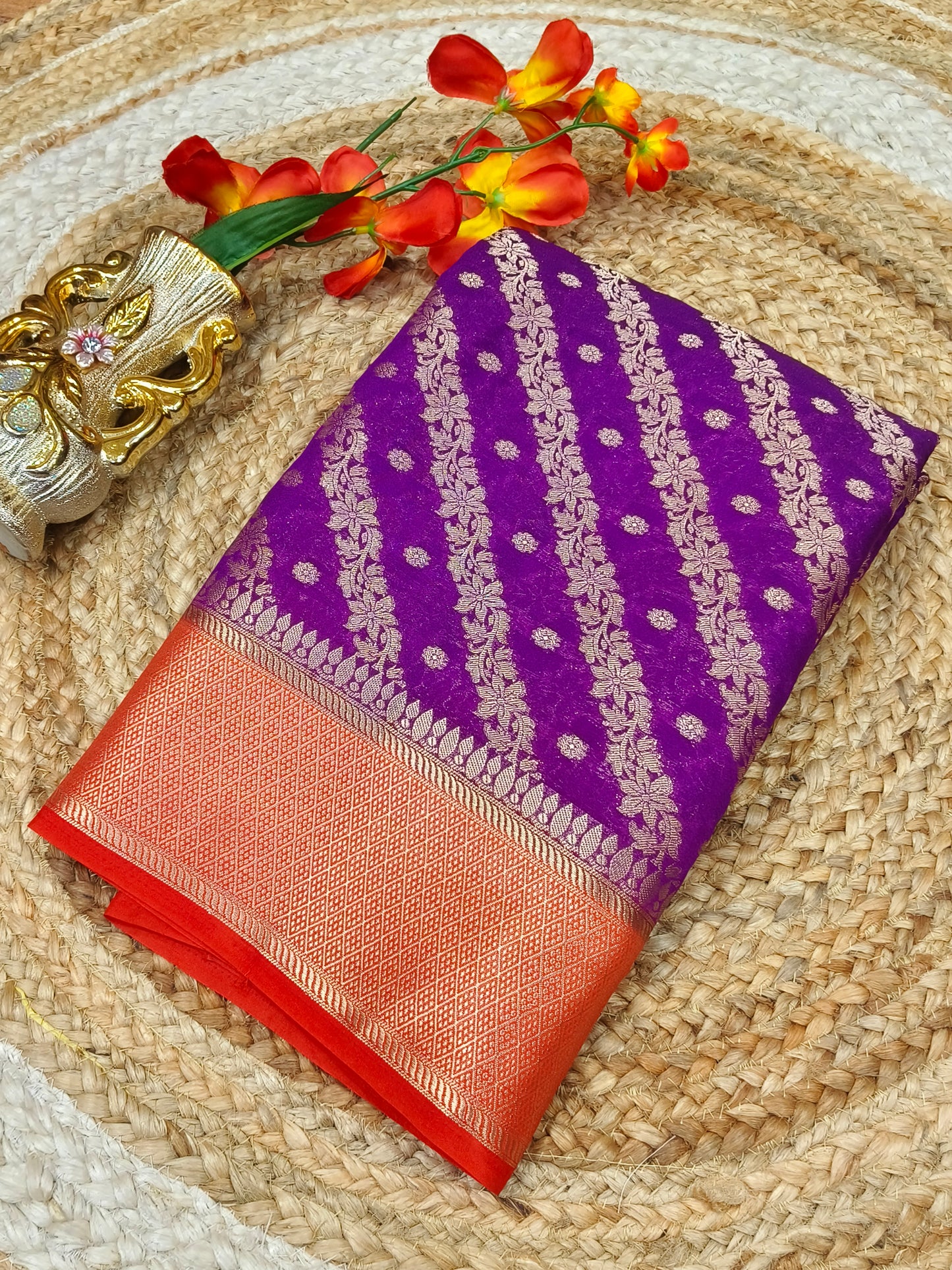 Purple with rust orange Banarasi Georgette silk saree