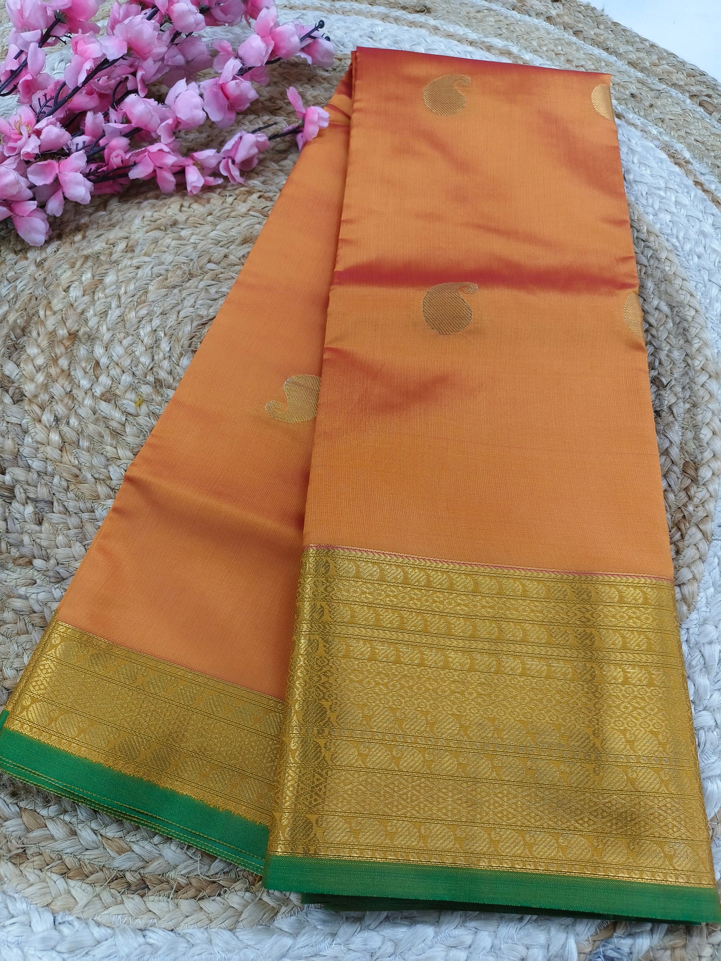 Orange  Semi kanchi silk saree