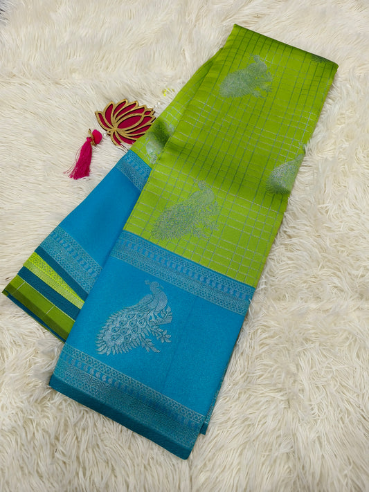 Leafgreen with blue  Mercidised silk saree