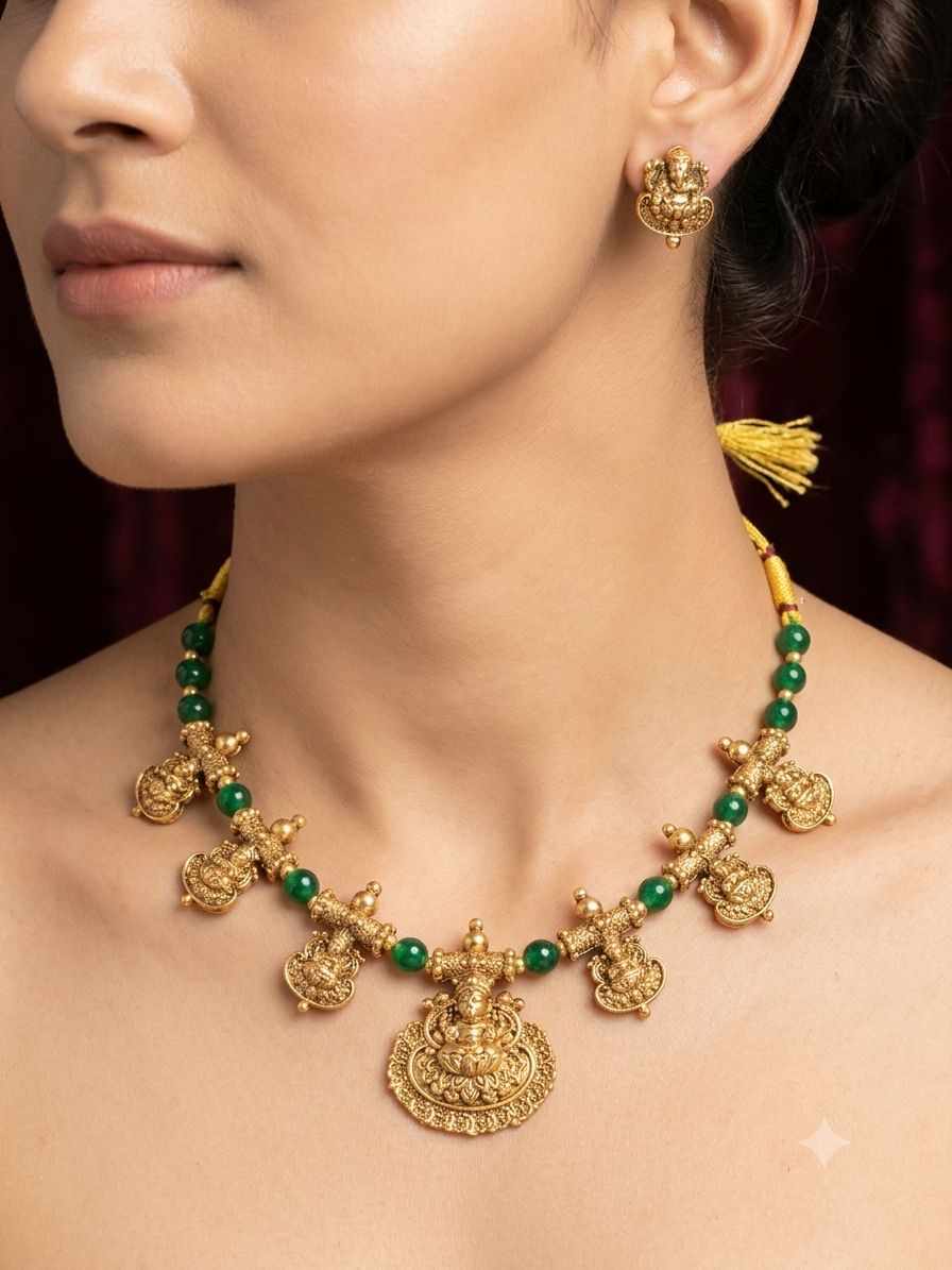 Divine Goddess Lakshmi & Green Bead Temple Necklace Set
