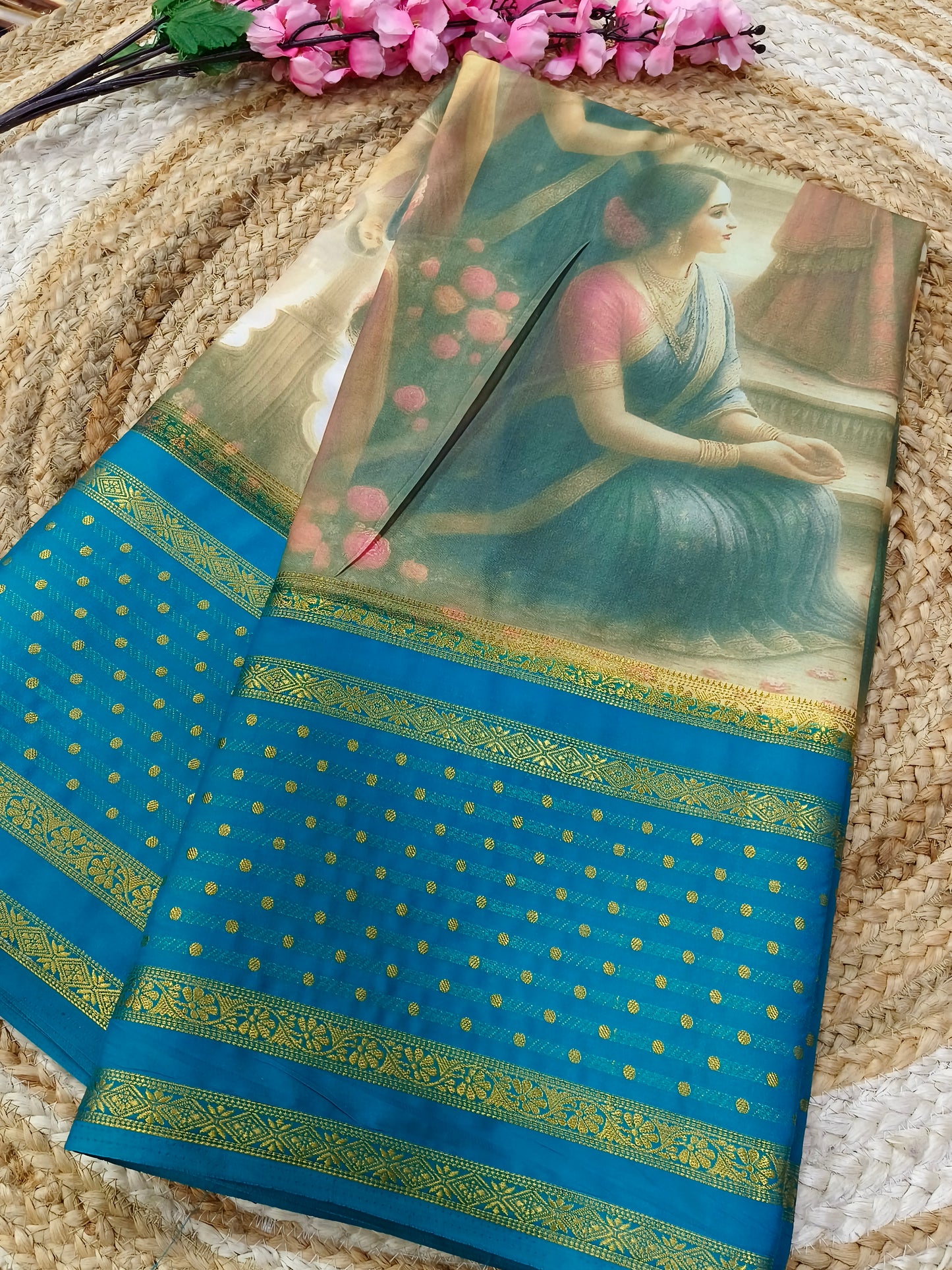 Sky Blue queen's printed semi Mysore crepe silk saree