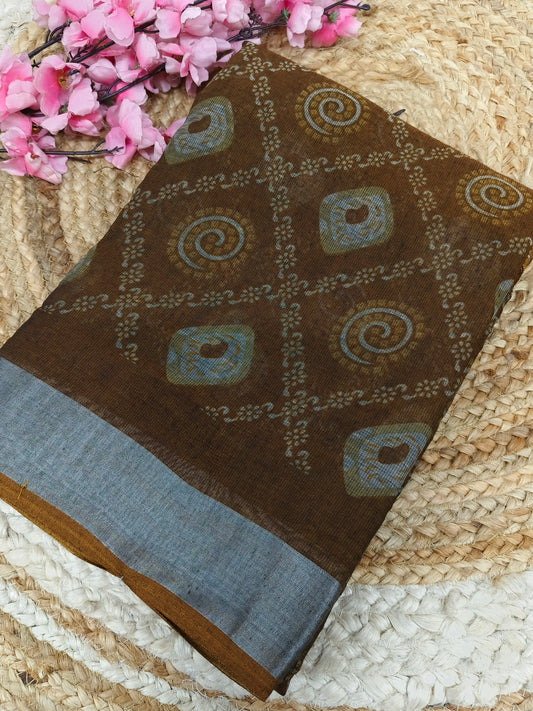 Dark yellow - Black Lenin Cotton saree