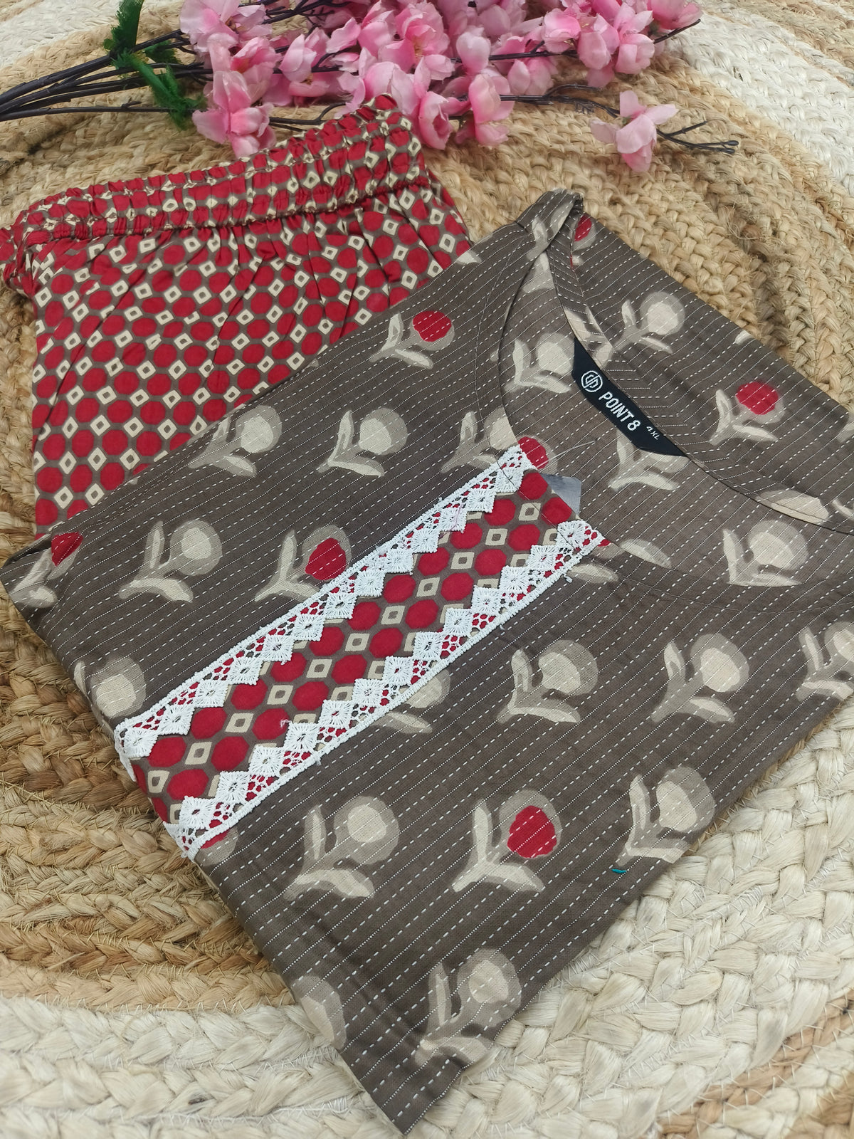 Light brown with maroon Elegant Printed Cotton Kurta