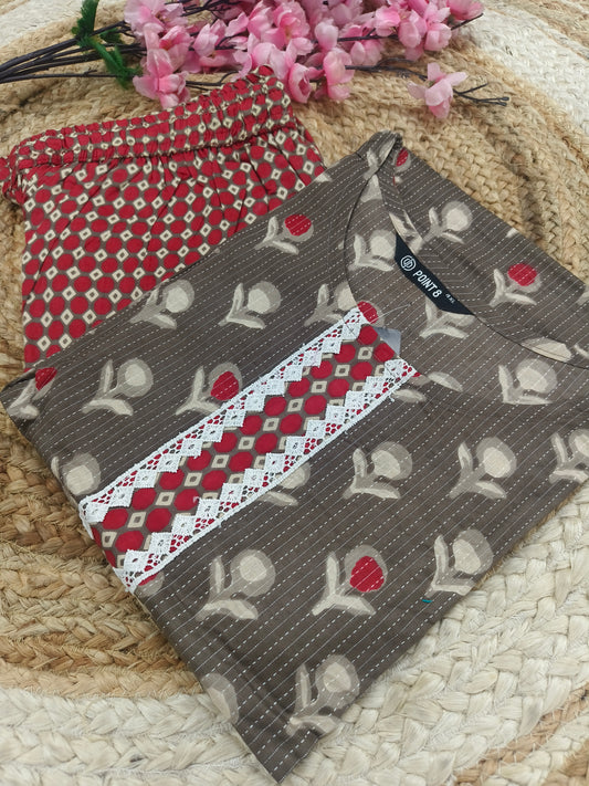 Light brown with maroon Elegant Printed Cotton Kurta