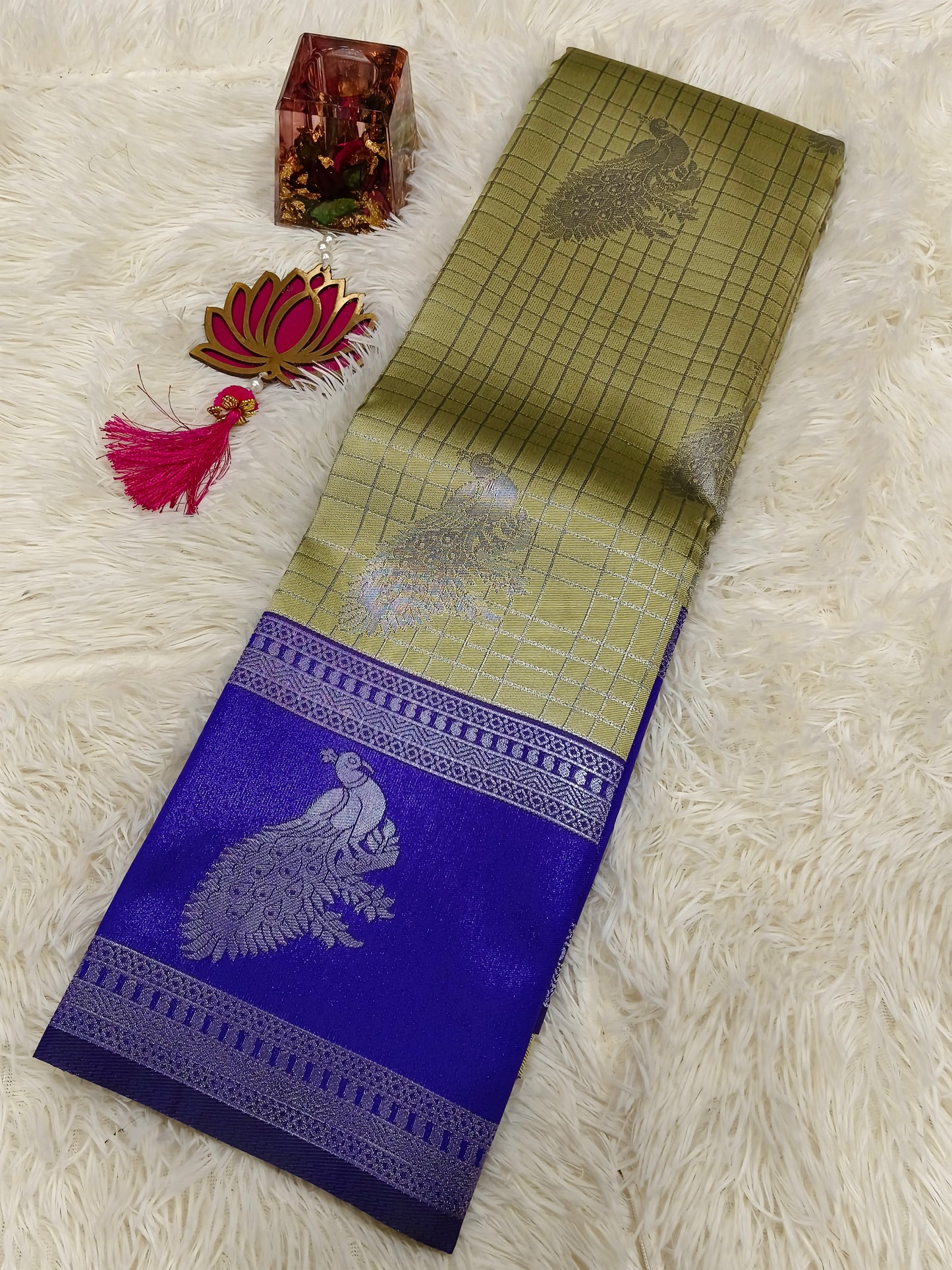 Pastel yellow with Blue Mercidised silk saree