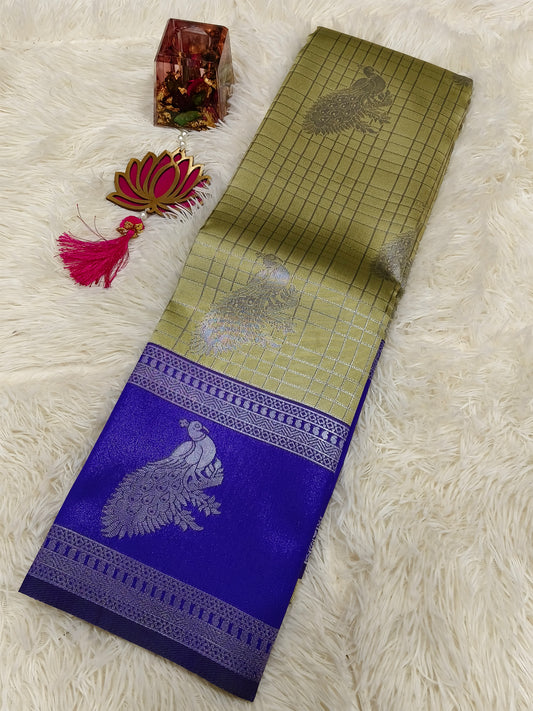 Pastel yellow with Blue Mercidised silk saree
