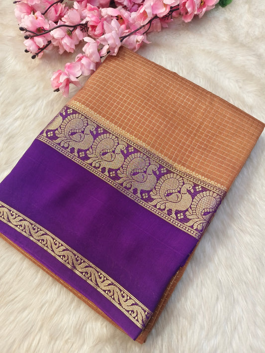 Peach with purple Assam  silk saree