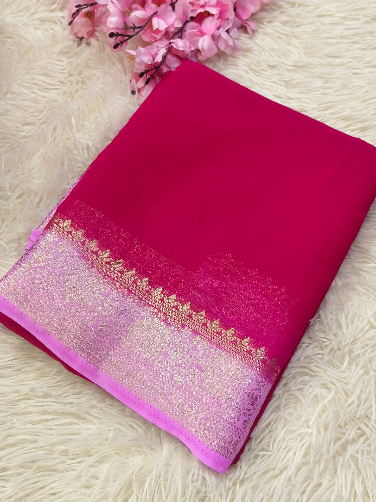 Ruby Pink with Candy Pink Semi crepe georgette silk saree
