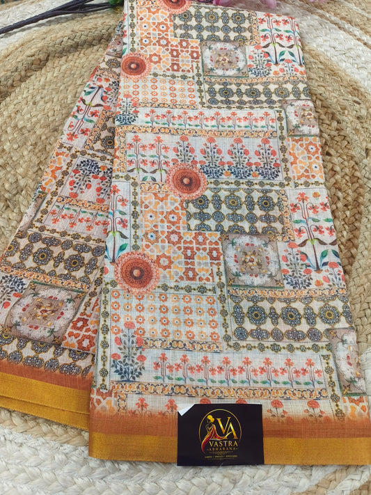 Multi colour Lenin cotton saree