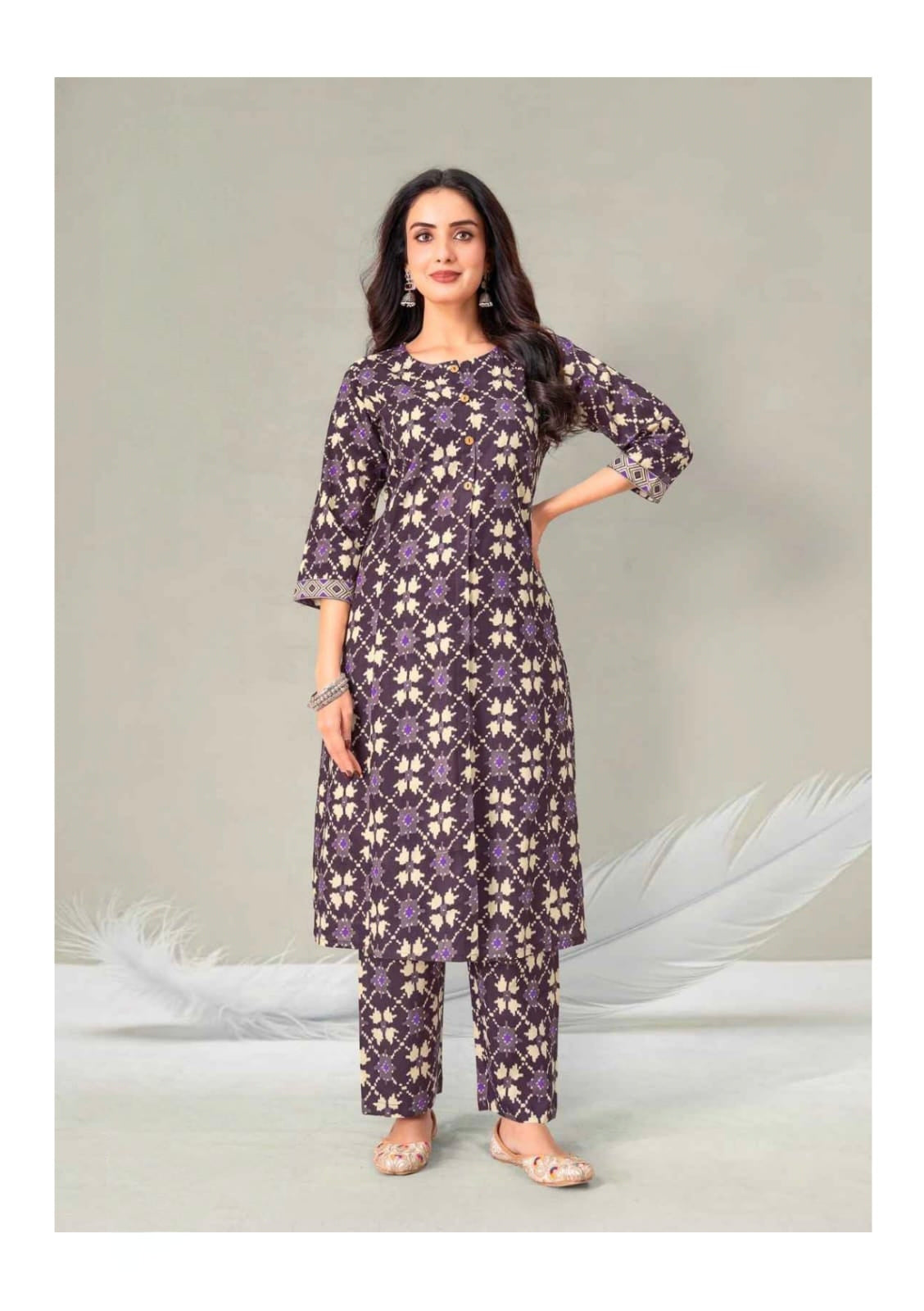 Purple Elegant Printed Cotton Kurta Set