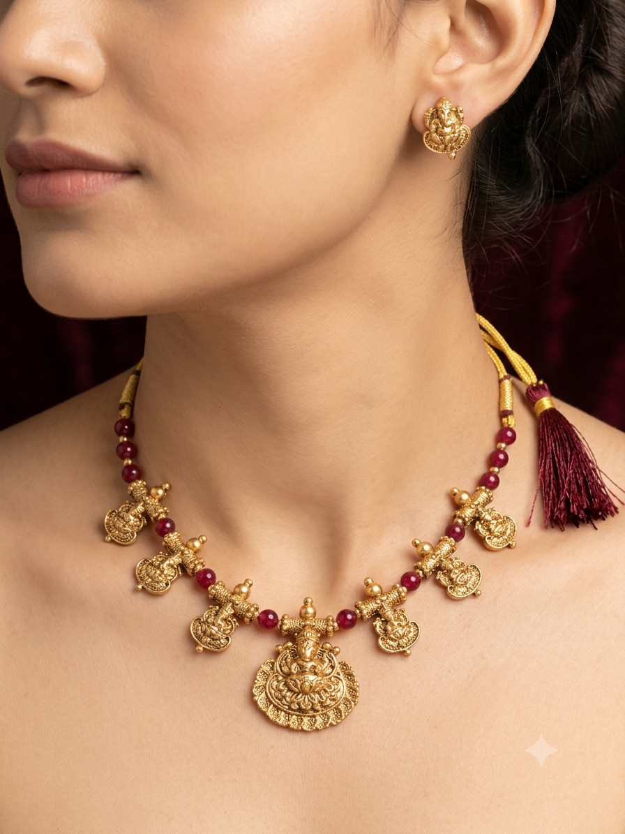 Divine Goddess Lakshmi & Red Bead Temple Necklace Set
