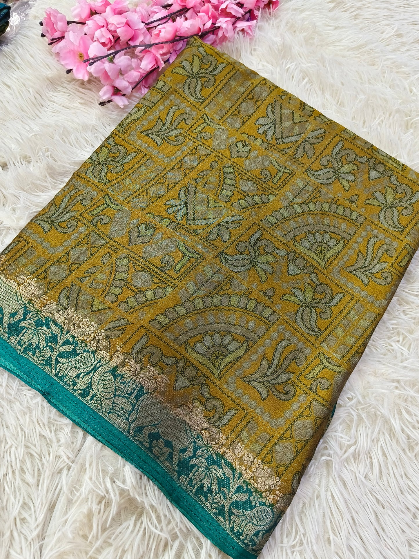 Yellow Kalamkari Fusion silk saree