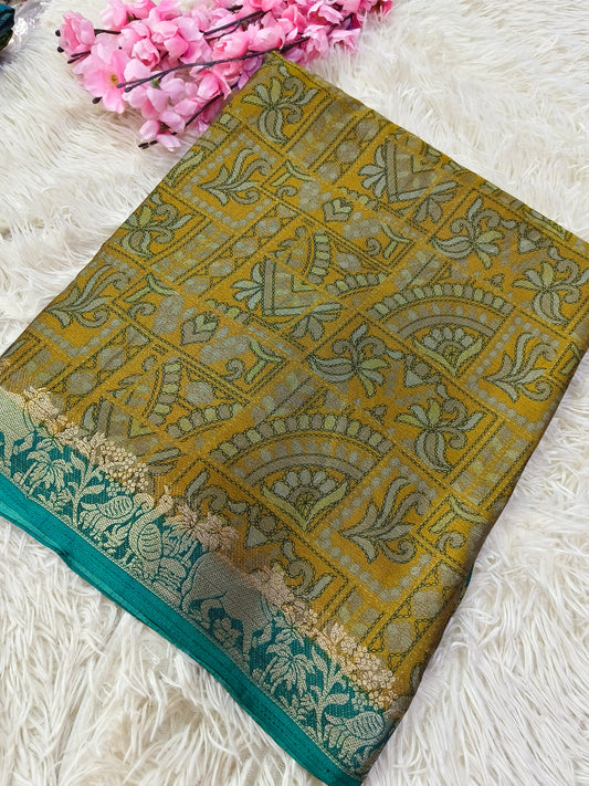 Yellow Kalamkari Fusion silk saree