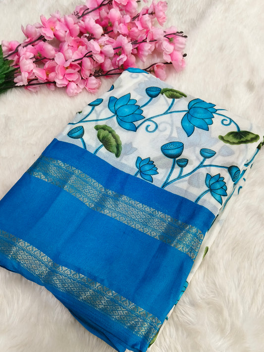Blue with white moss chiffon saree
