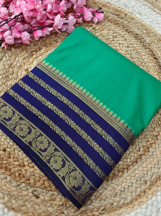 Rama Green With Navy Blue semi Mysore crepe silk saree