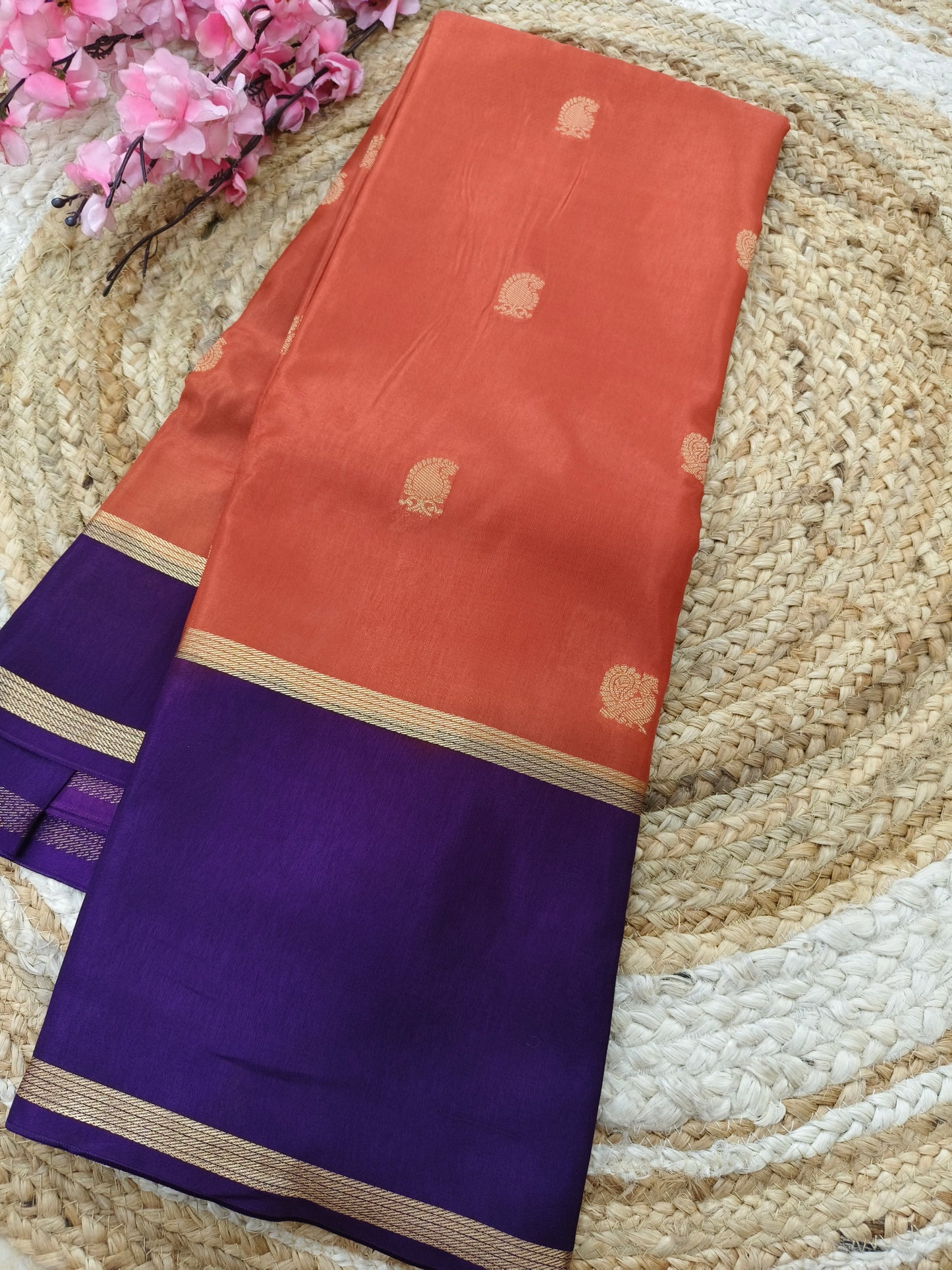 Orange with purple Munga silk saree