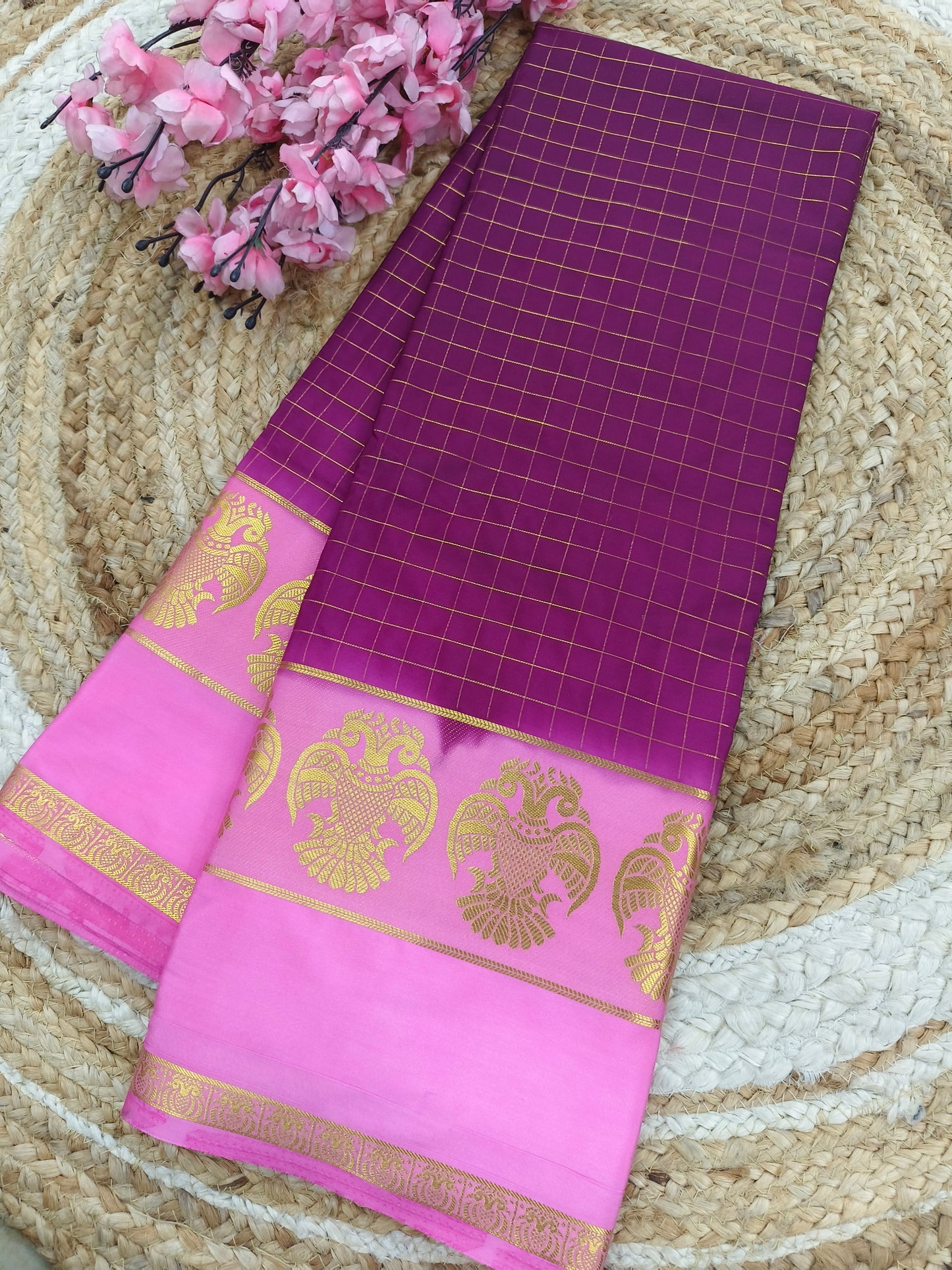 Wine with light pink crape silk saree