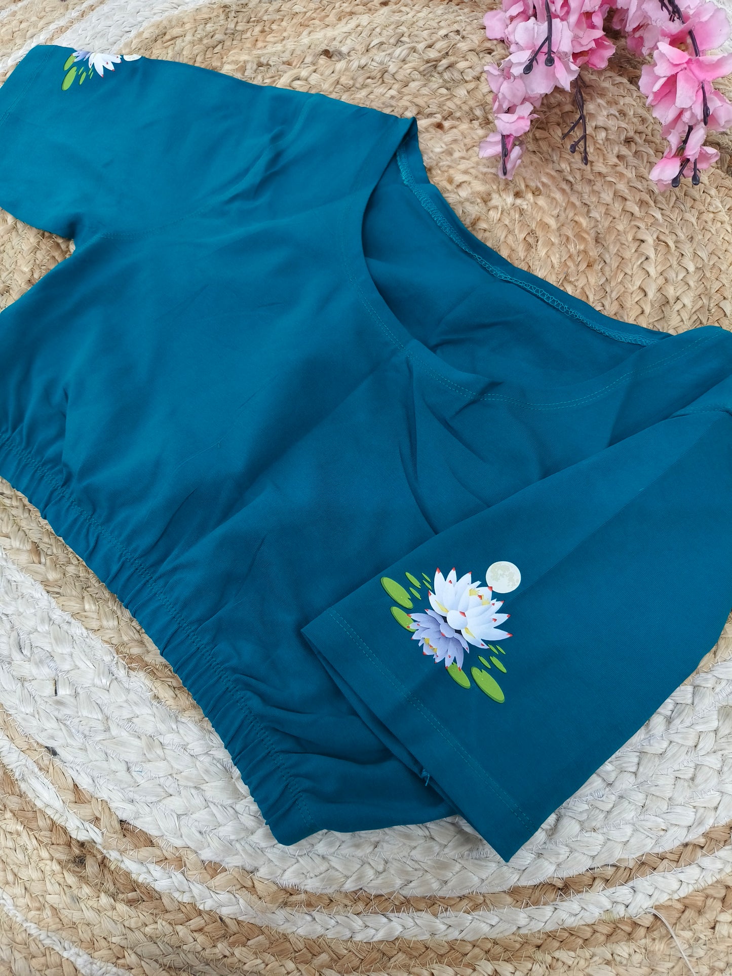 Peacock Blue Stretchable blouse with unique printed design