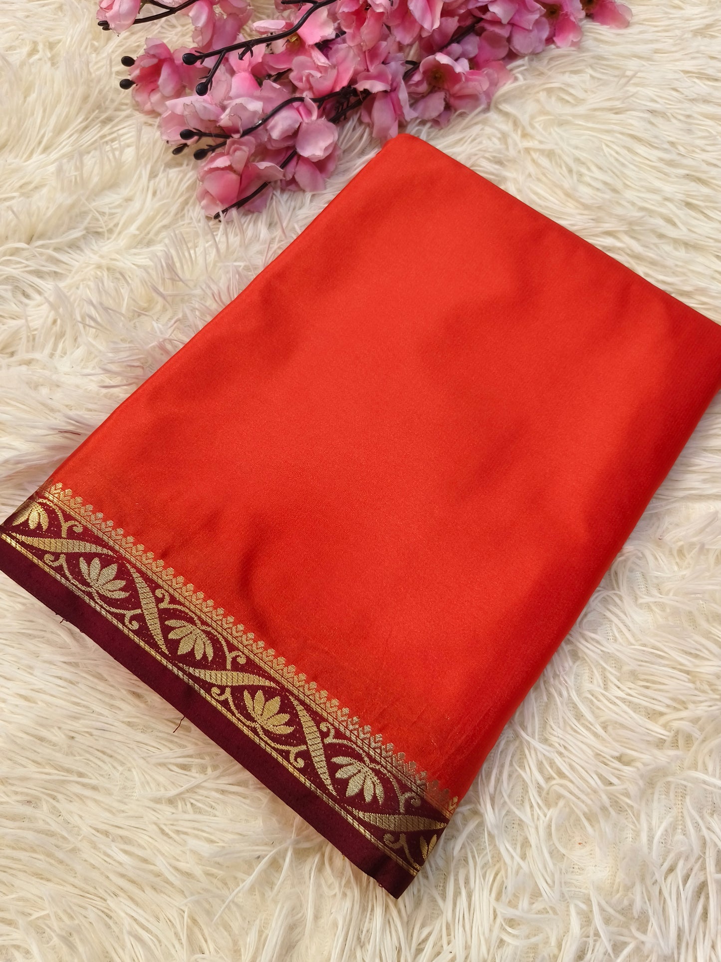 Orange With Maroon semi Mysore crepe silk saree