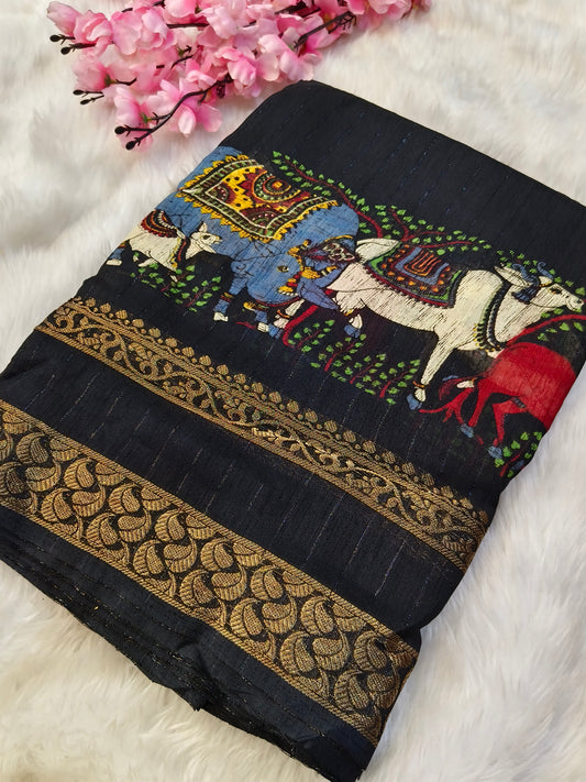 Black Pichwai Chinon silk saree