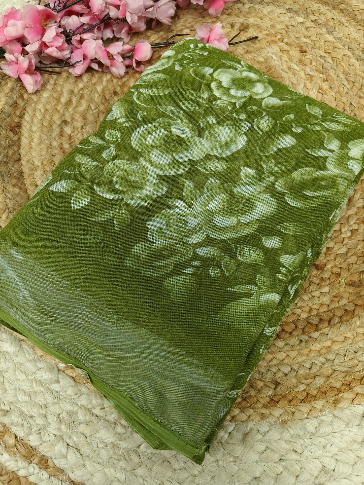 Leaf green  Lenin Cotton saree