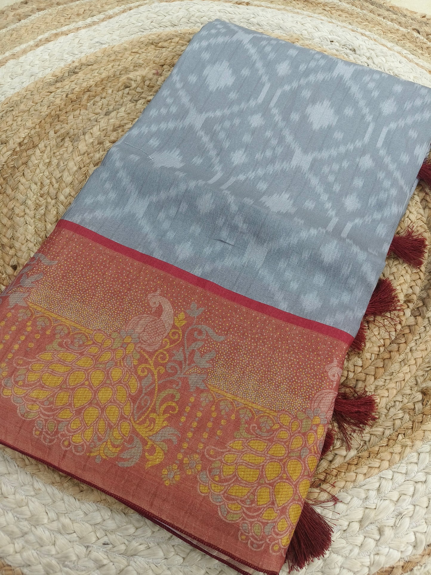 Grey with maroon tusser silk saree