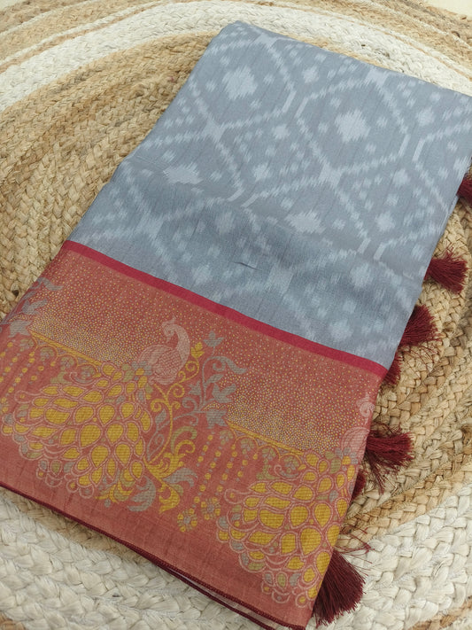 Grey with maroon tusser silk saree