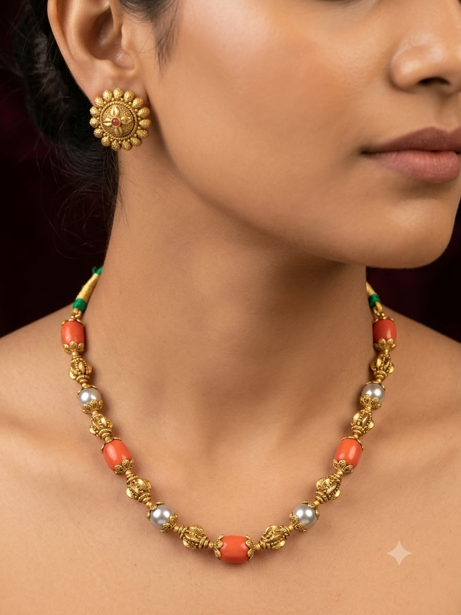 Antique Coral & Pearl Beads Gold Jewelry Set