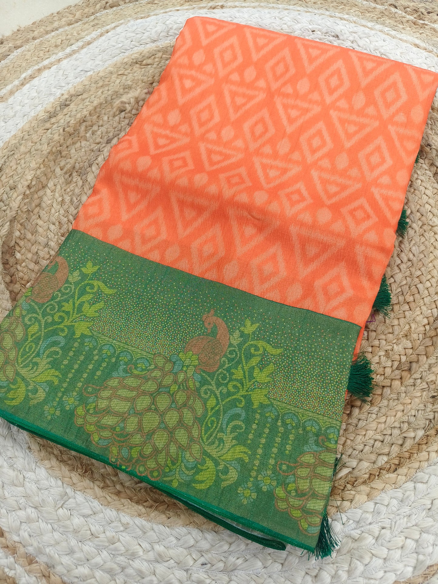 Orange with green tusser silk saree