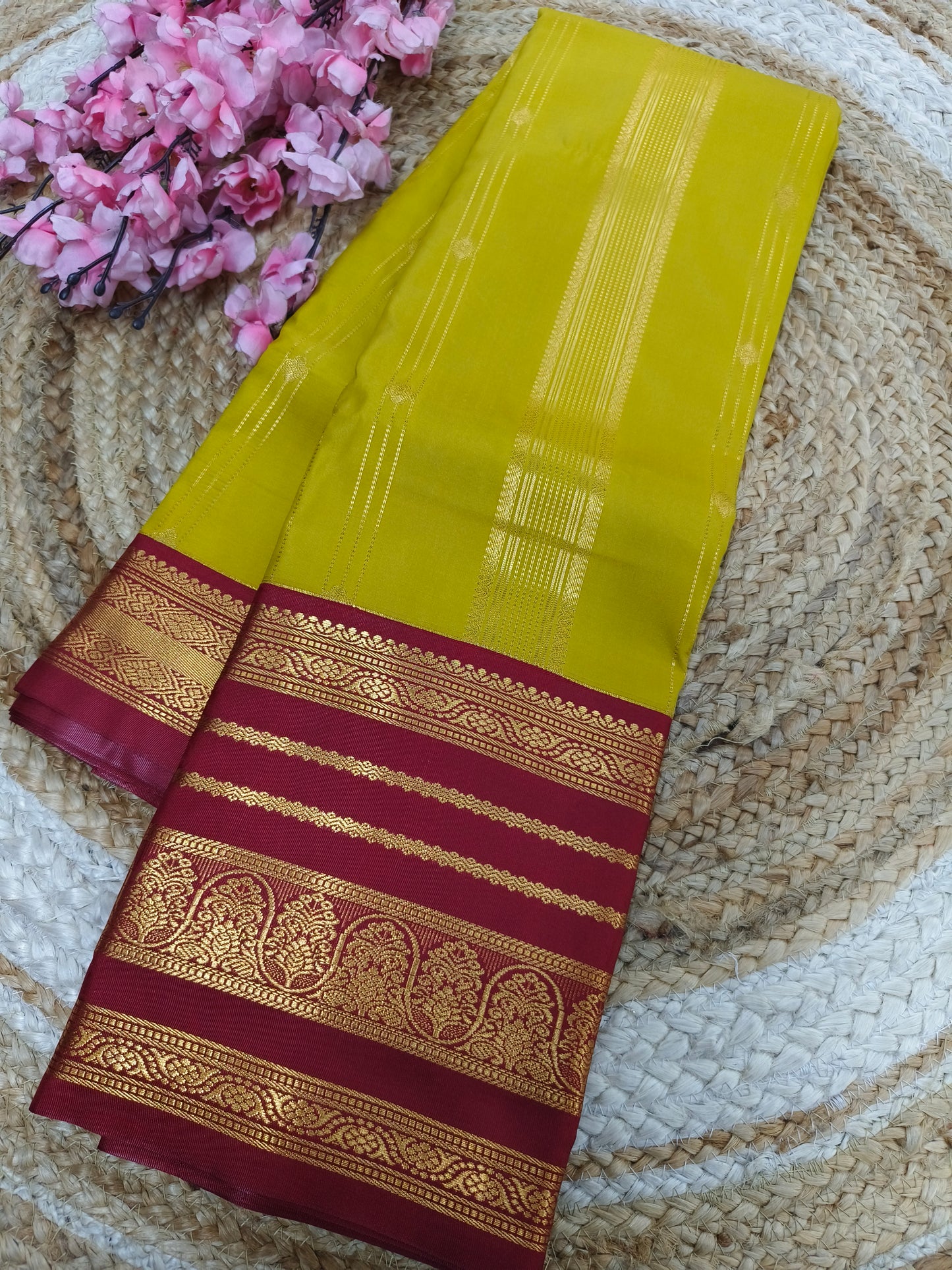 Mehndi yellow with maroon Elegant soft semi kanjivaram silk saree