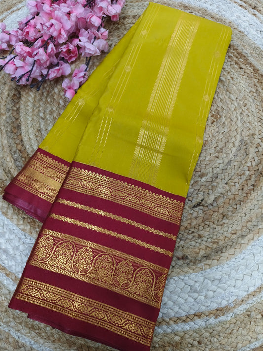 Mehndi yellow with maroon Elegant soft semi kanjivaram silk saree