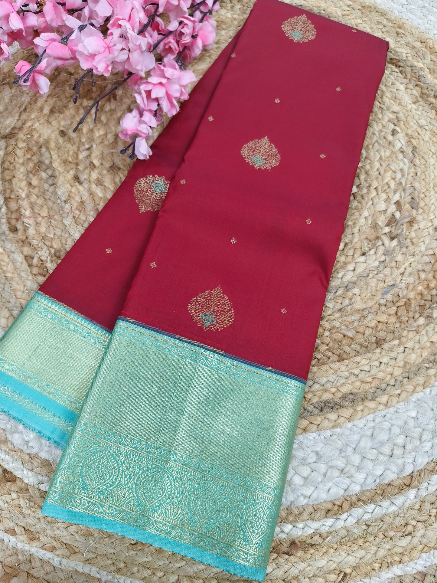 Maroon with blue Elegant semi kanjivaram silk saree