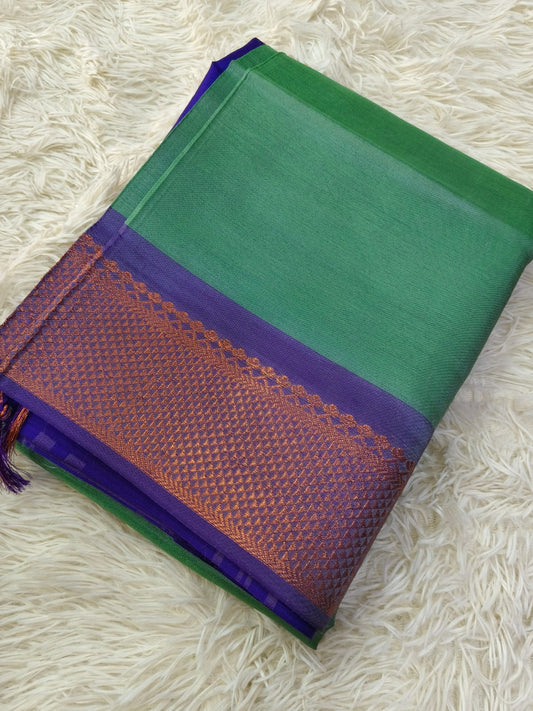 Green With Purple Banana Pith Saree without Blouse