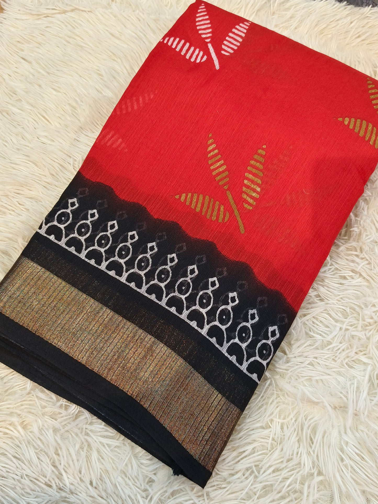 Red With Black Lenin Silk saree