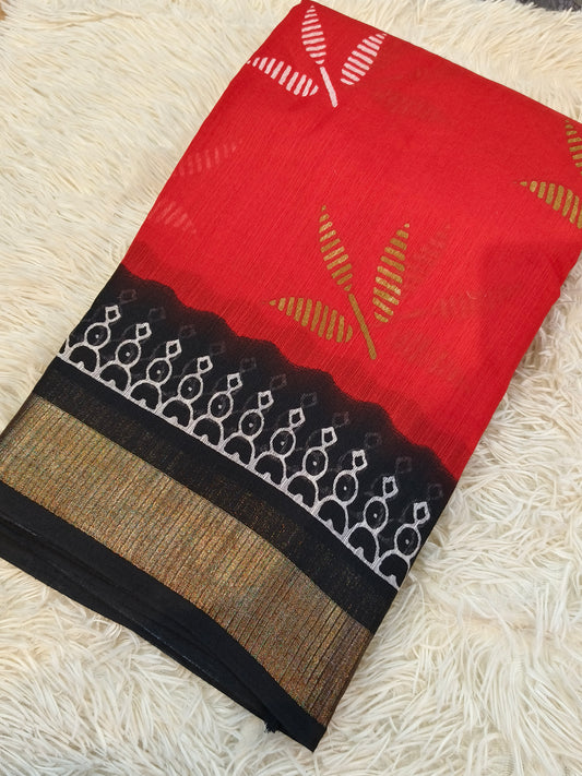 Red With Black Lenin Silk saree