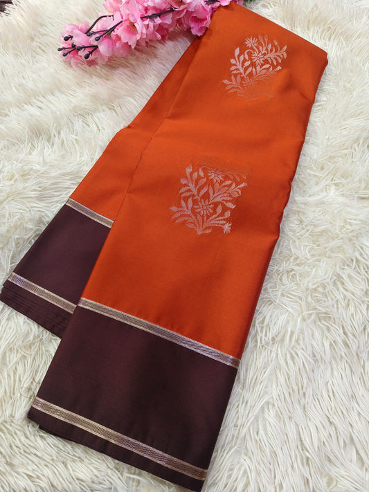 Rustic Orange With Brown Semi kanjivaram silk saree