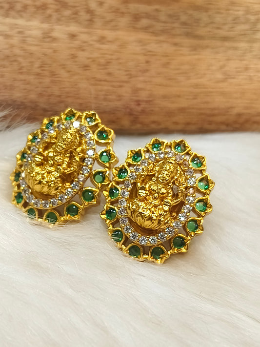 Green stone Lakshmi gold plated stud