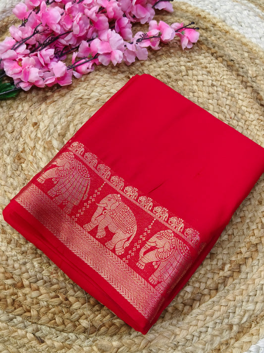 Red semi Mysore crepe silk saree