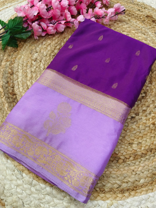 Purple with Lotus Pink semi Mysore crepe silk saree
