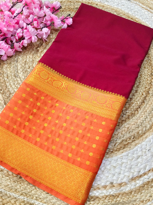 Marron with orange semi Mysore crepe silk saree