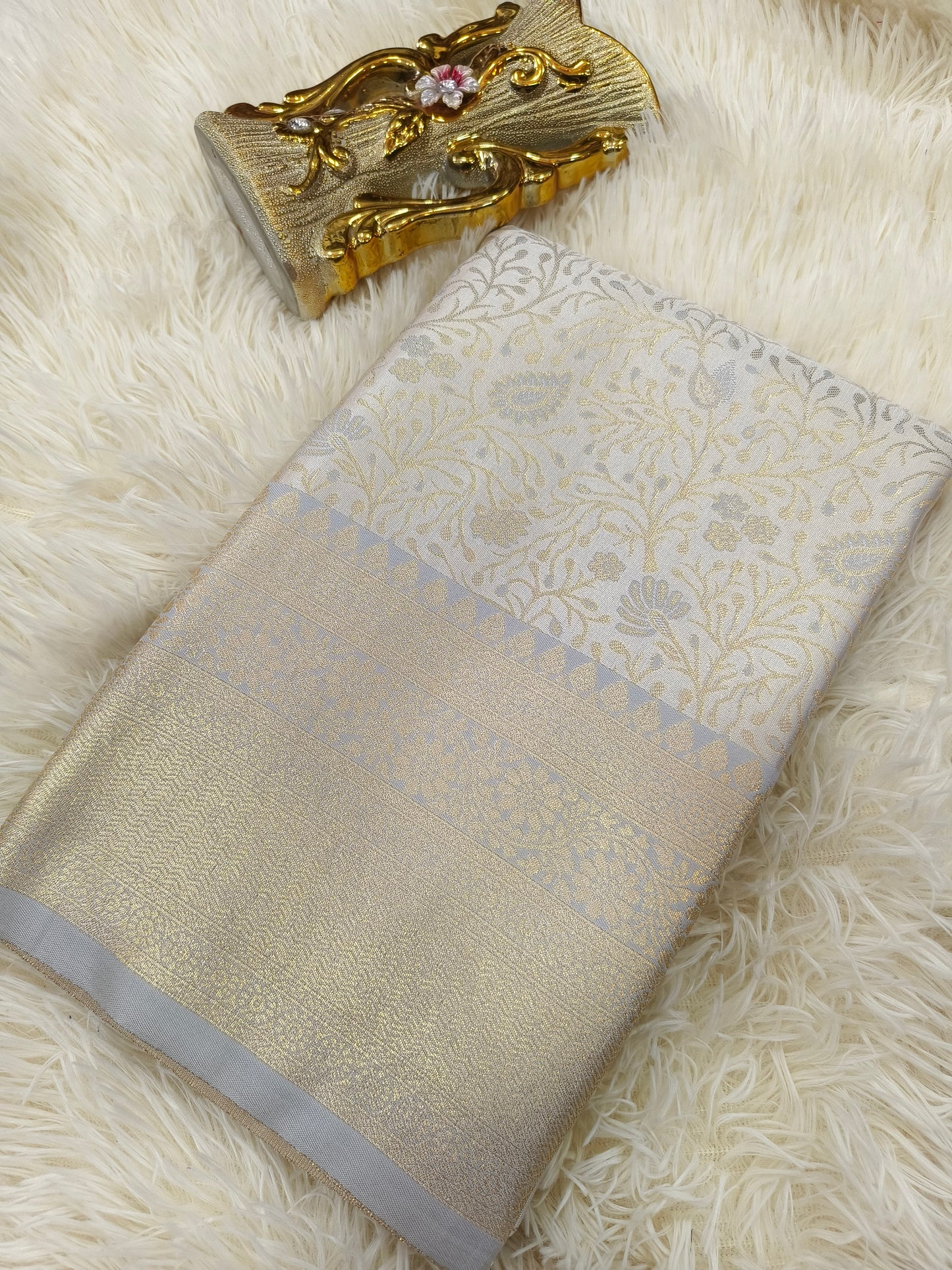 Pastel gray semi silk with brocade saree