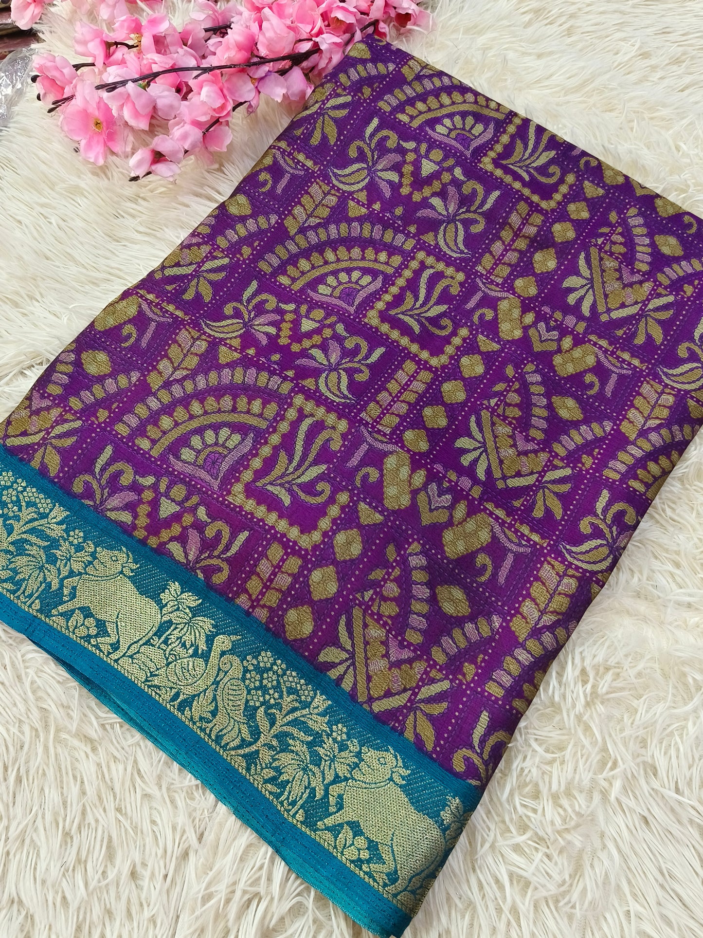 Purple with blue Kalamkari Fusion silk saree